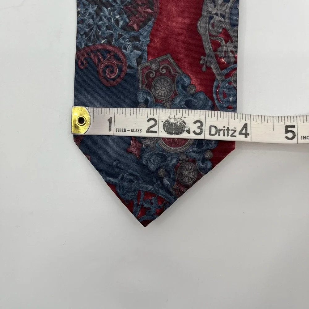 Vtg 90s Courtenay Tie Mens Silk Red Blue Gray Ornate Medallion Baroque Abstract